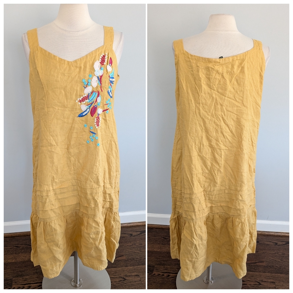 Women's ForCynthia Yellow Linen Flower Beaded Hawaiaan Dress Large